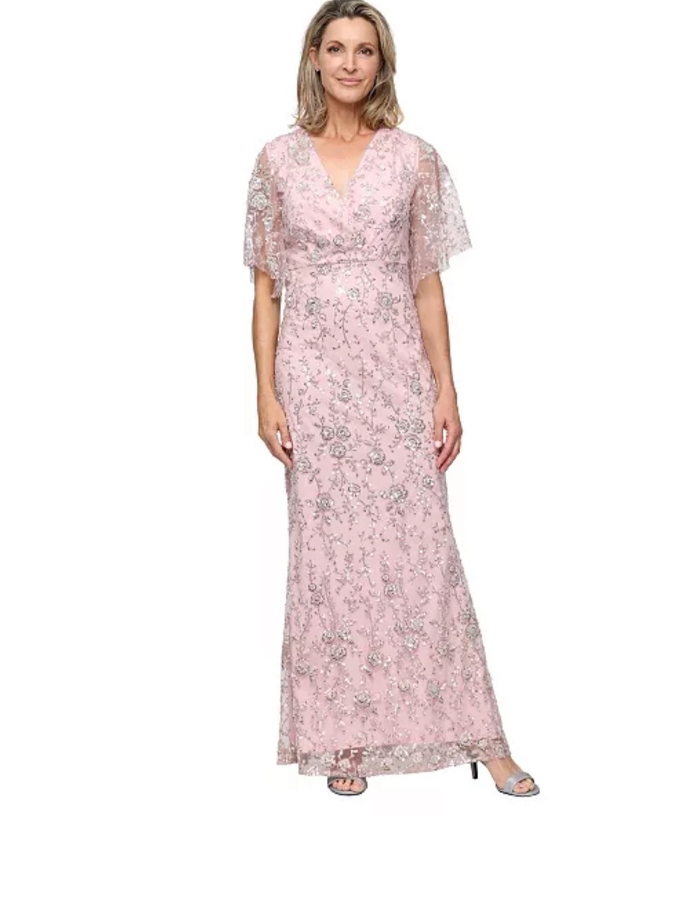 SL Fashions Blush Pink Embroidered V-Neck Gown